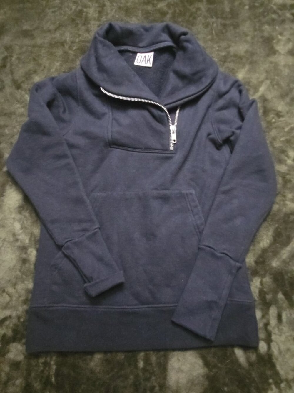 OAK Navy Quarter Zip Pullover Sweatshirt, Funnel Neck, Fleece Lined, Offset Zip